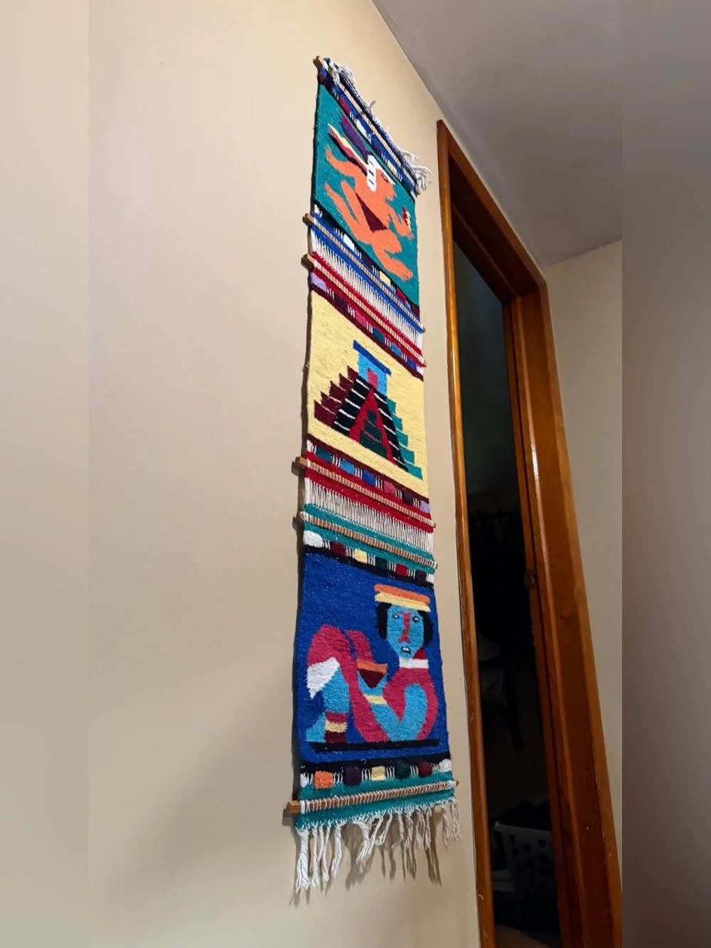 Vintage Mayan Aztec Tapestry Wall Hanging Handwoven Wool Boho Folk Art